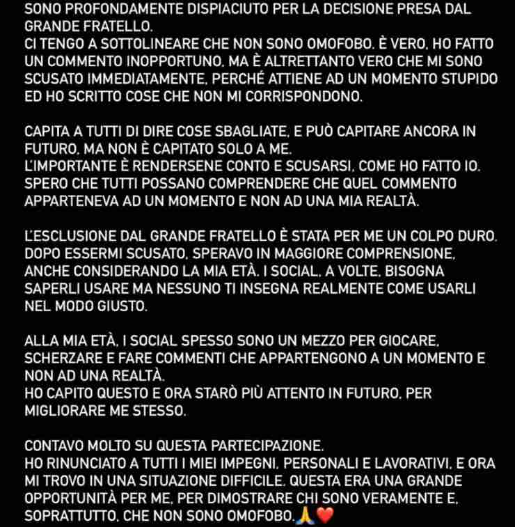 reazione di lino giuliano dopo l'esclusione dal GF